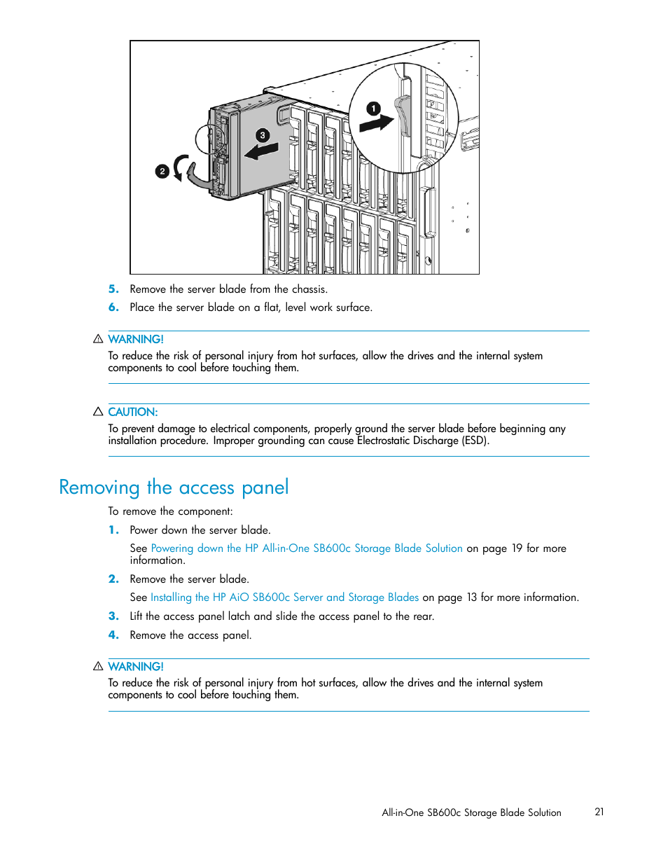 Removing the access panel | HP StorageWorks All-in-One SB600c Storage Blade User Manual | Page 21 / 60