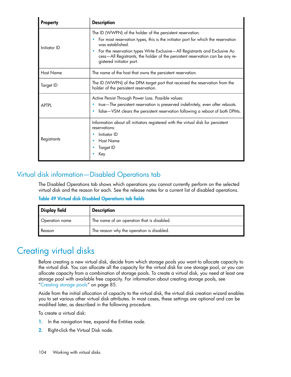 Virtual disk information—disabled operations tab, Creating virtual disks, Virtual disk disabled operations tab fields | HP SAN Virtualization Services Platform User Manual | Page 104 / 398