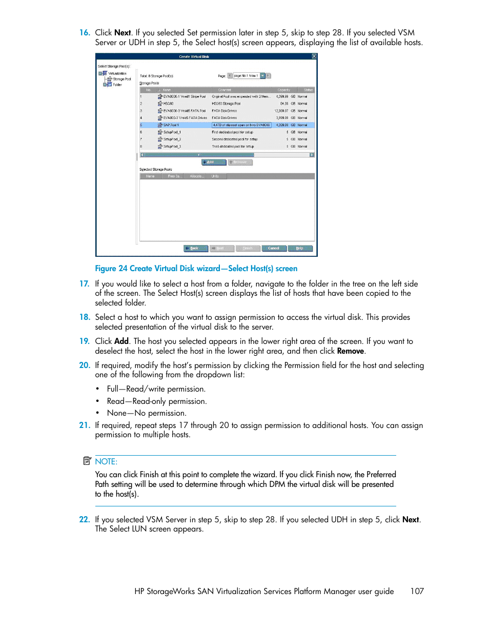 Create virtual disk wizard—select host(s) screen | HP SAN Virtualization Services Platform User Manual | Page 107 / 398