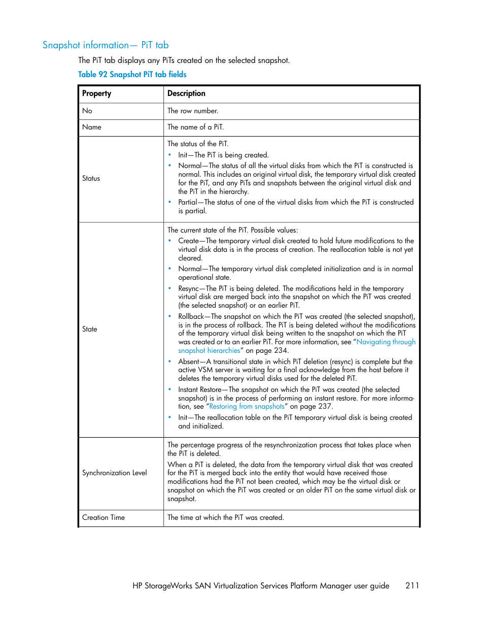 Snapshot information— pit tab, Snapshot pit tab fields | HP SAN Virtualization Services Platform User Manual | Page 211 / 398