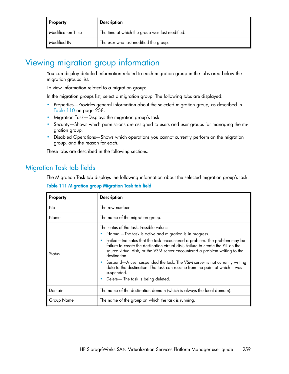 Viewing migration group information, Migration task tab fields, Migration group migration task tab field | HP SAN Virtualization Services Platform User Manual | Page 259 / 398
