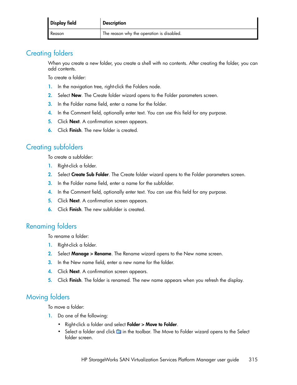 Creating folders, Creating subfolders, Renaming folders | Moving folders, 315 creating subfolders, 315 renaming folders, 315 moving folders | HP SAN Virtualization Services Platform User Manual | Page 315 / 398