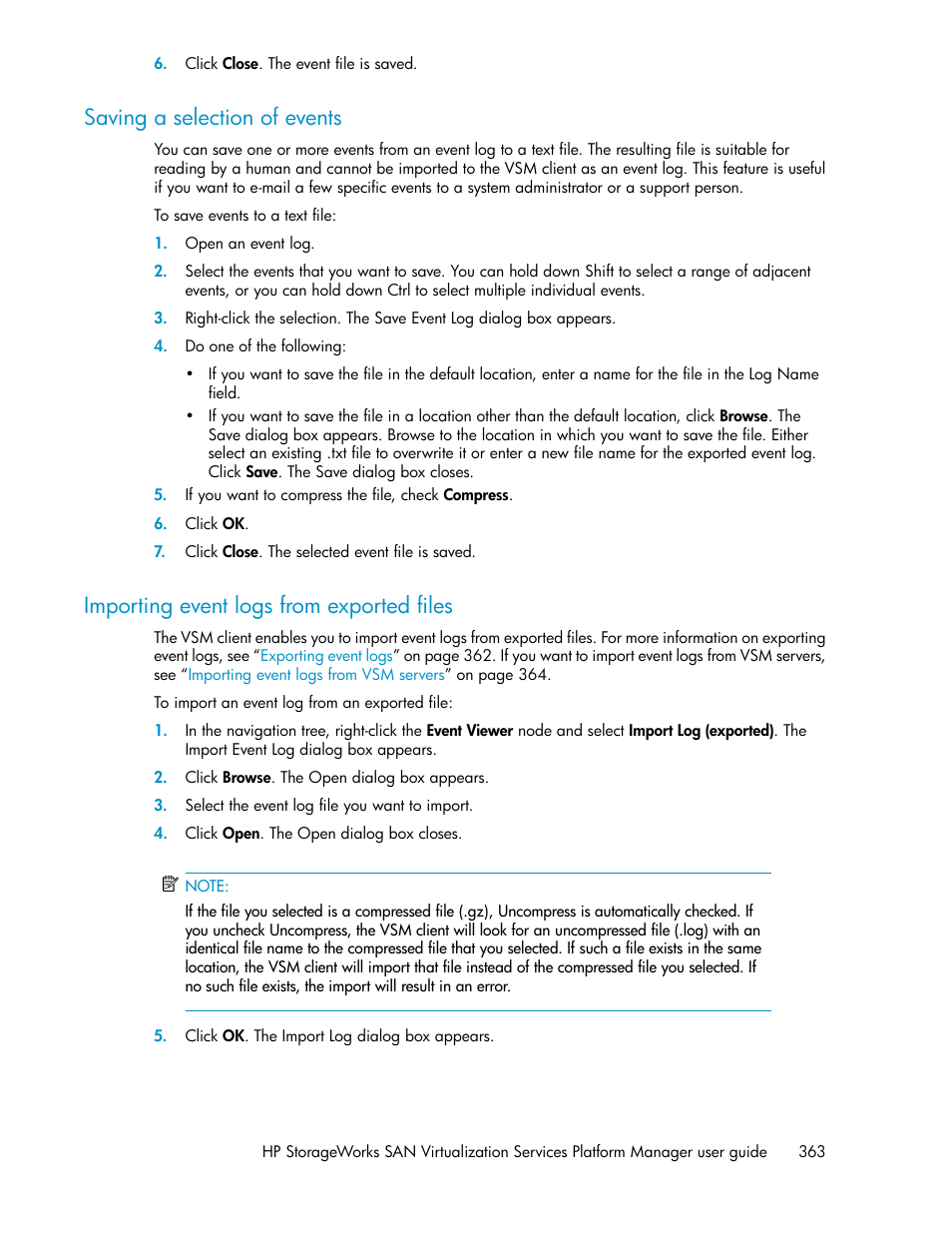Saving a selection of events, Importing event logs from exported files, 363 importing event logs from exported files | HP SAN Virtualization Services Platform User Manual | Page 363 / 398