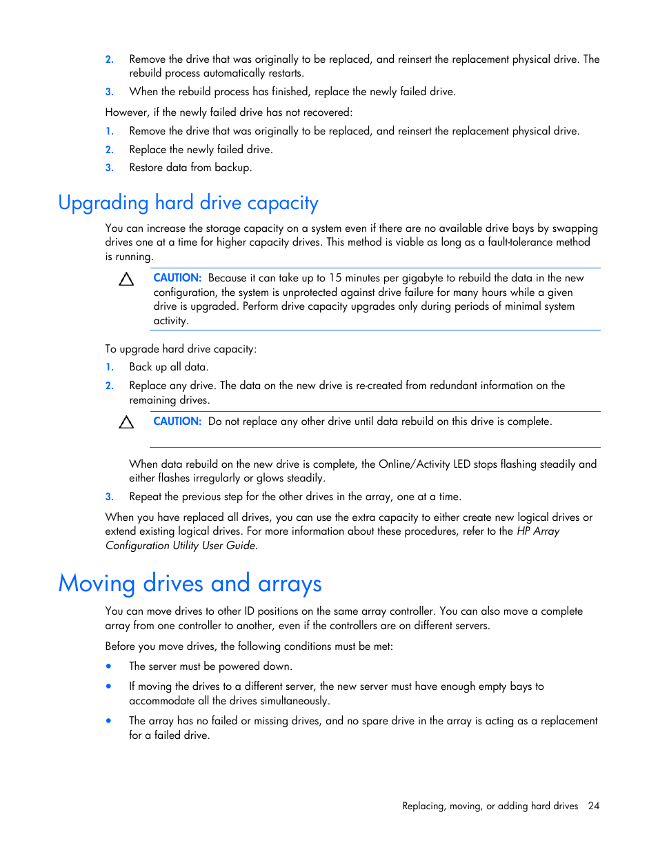 Upgrading hard drive capacity, Moving drives and arrays | HP Smart Array P700m Controller User Manual | Page 24 / 36