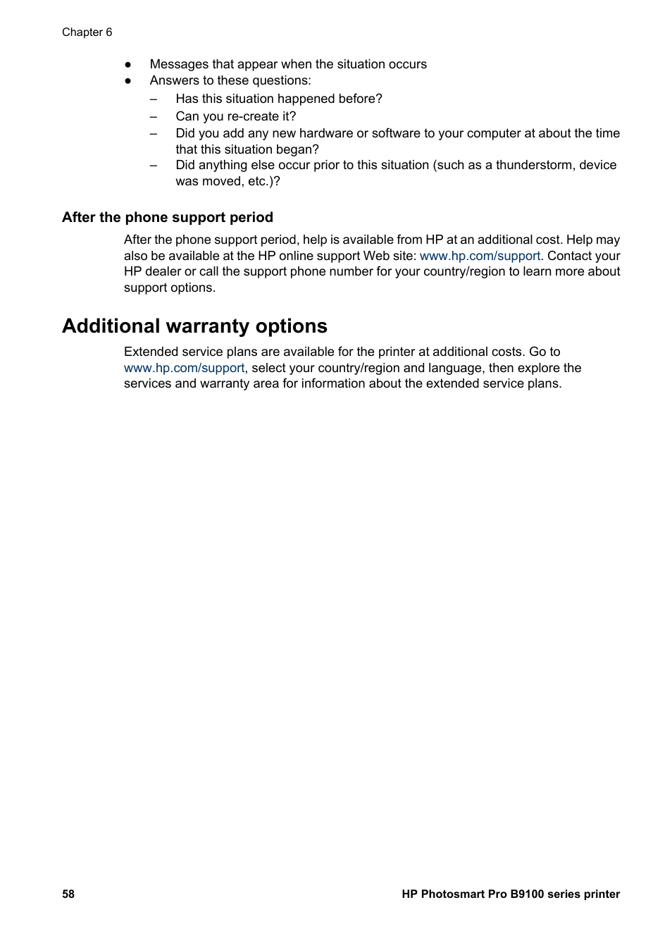 After the phone support period, Additional warranty options | HP Photosmart Pro B9180 Photo Printer User Manual | Page 61 / 75