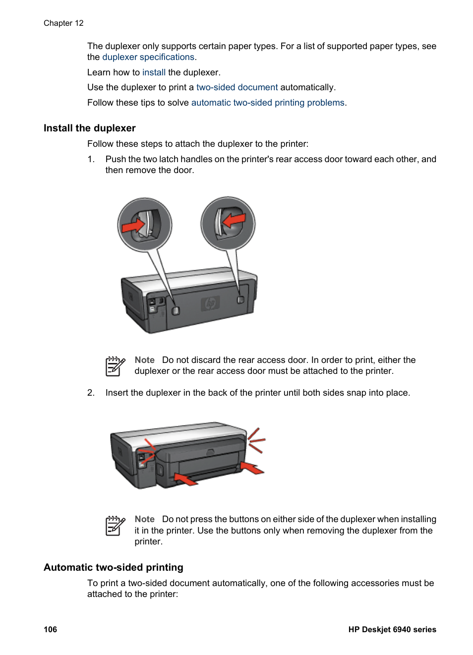 Install the duplexer, Automatic two-sided printing, Two-sided document | HP Deskjet 6943 Printer User Manual | Page 108 / 132