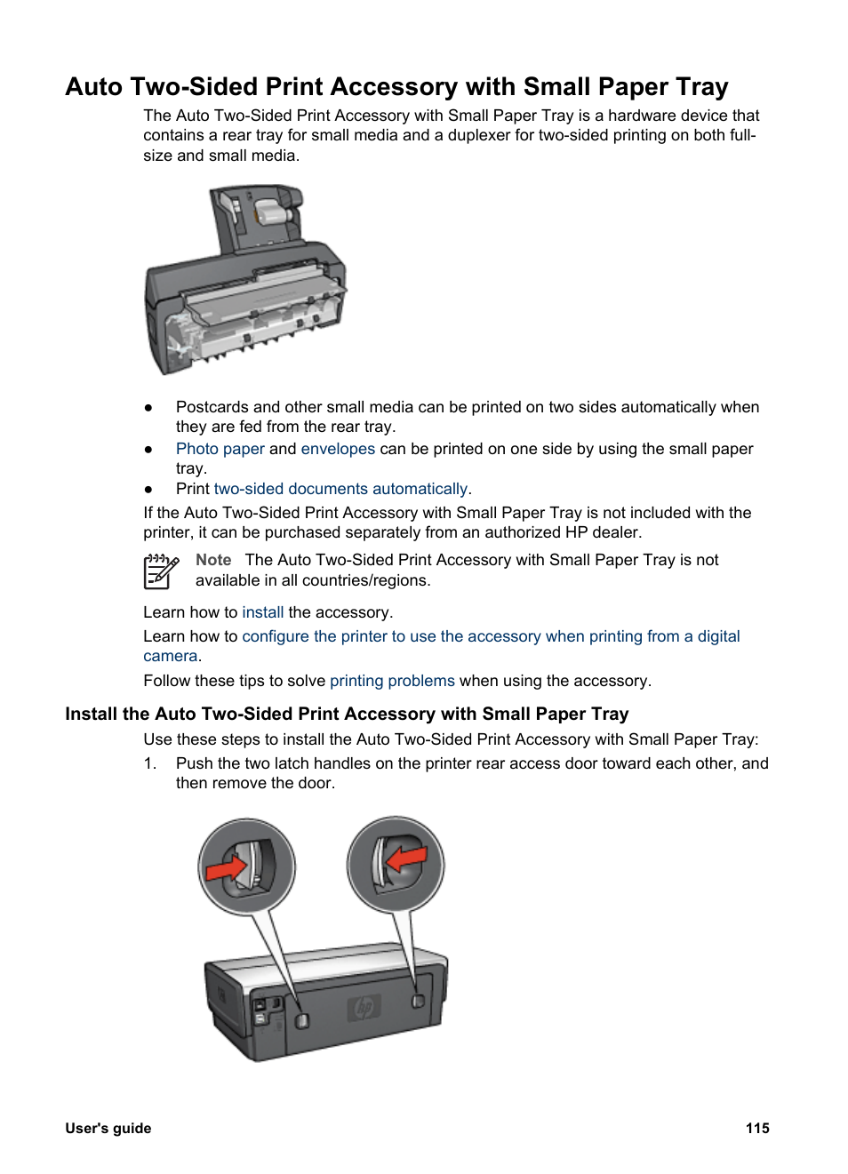Auto two-sided print accessory with, Small paper tray | HP Deskjet 6943 Printer User Manual | Page 117 / 132