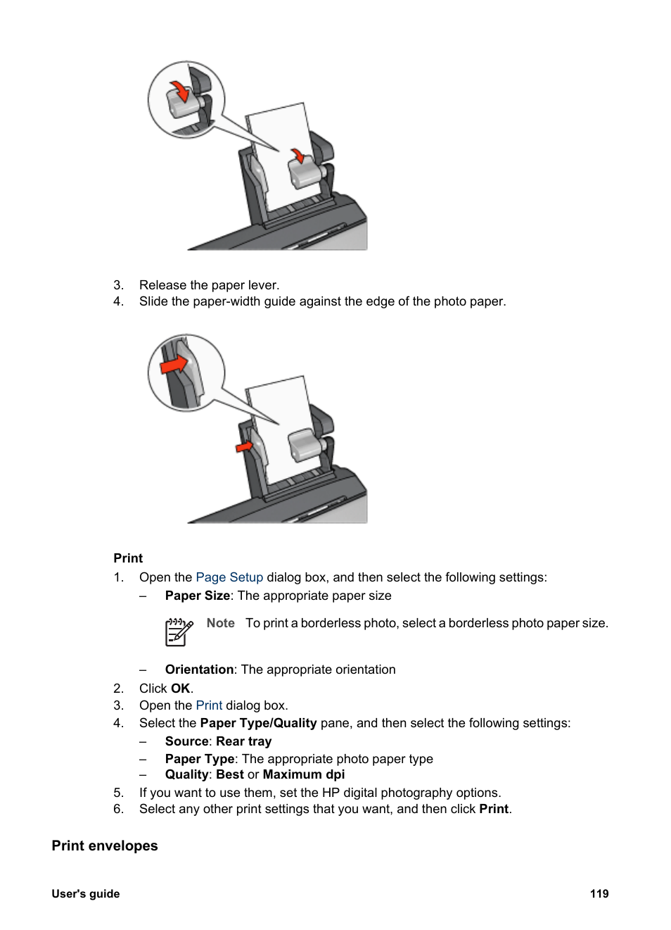 Print envelopes, Envelopes | HP Deskjet 6943 Printer User Manual | Page 121 / 132