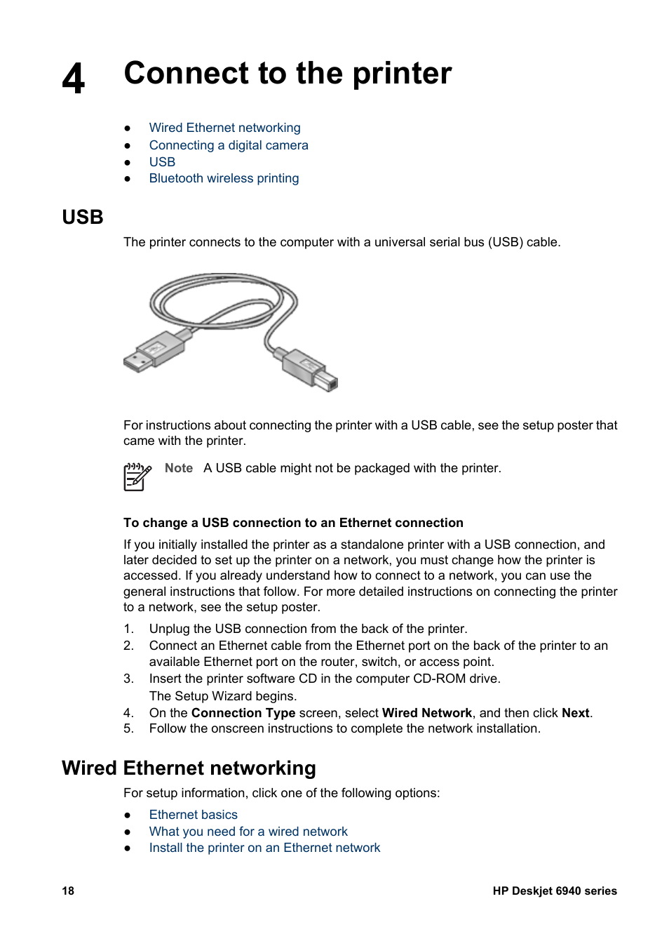 Connect to the printer, Wired ethernet networking, Wired | Rear usb port, Wired ethernet port | HP Deskjet 6943 Printer User Manual | Page 20 / 132