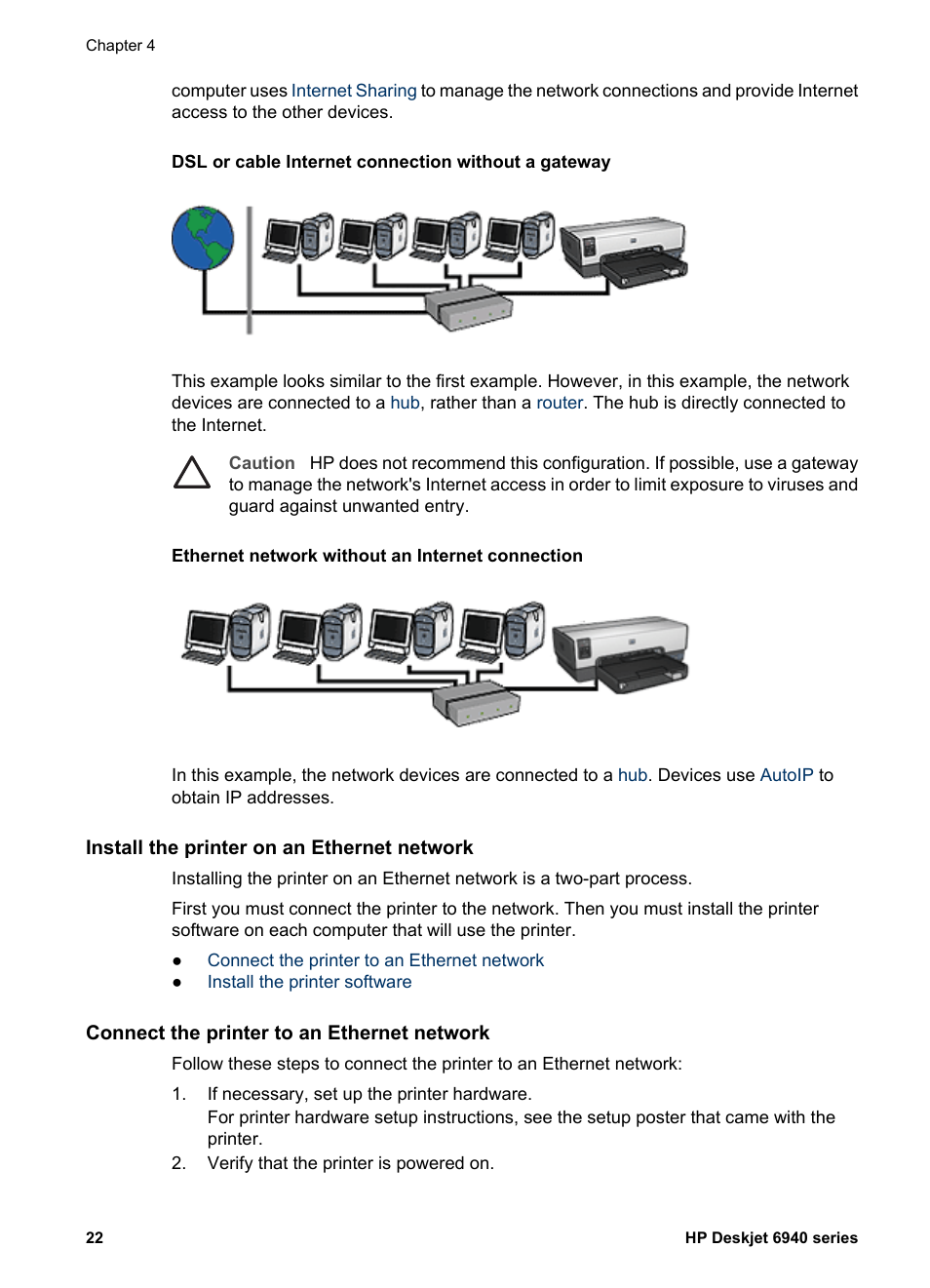Install the printer on an ethernet network, Connect the printer to an ethernet network, Ethernet installation instructions | HP Deskjet 6943 Printer User Manual | Page 24 / 132