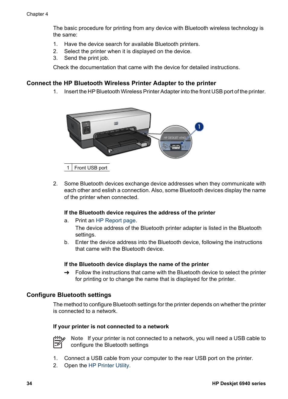 Configure bluetooth settings, Bluetooth settings | HP Deskjet 6943 Printer User Manual | Page 36 / 132