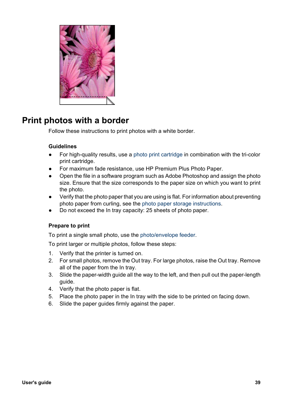 Print photos with a border, Border | HP Deskjet 6943 Printer User Manual | Page 41 / 132