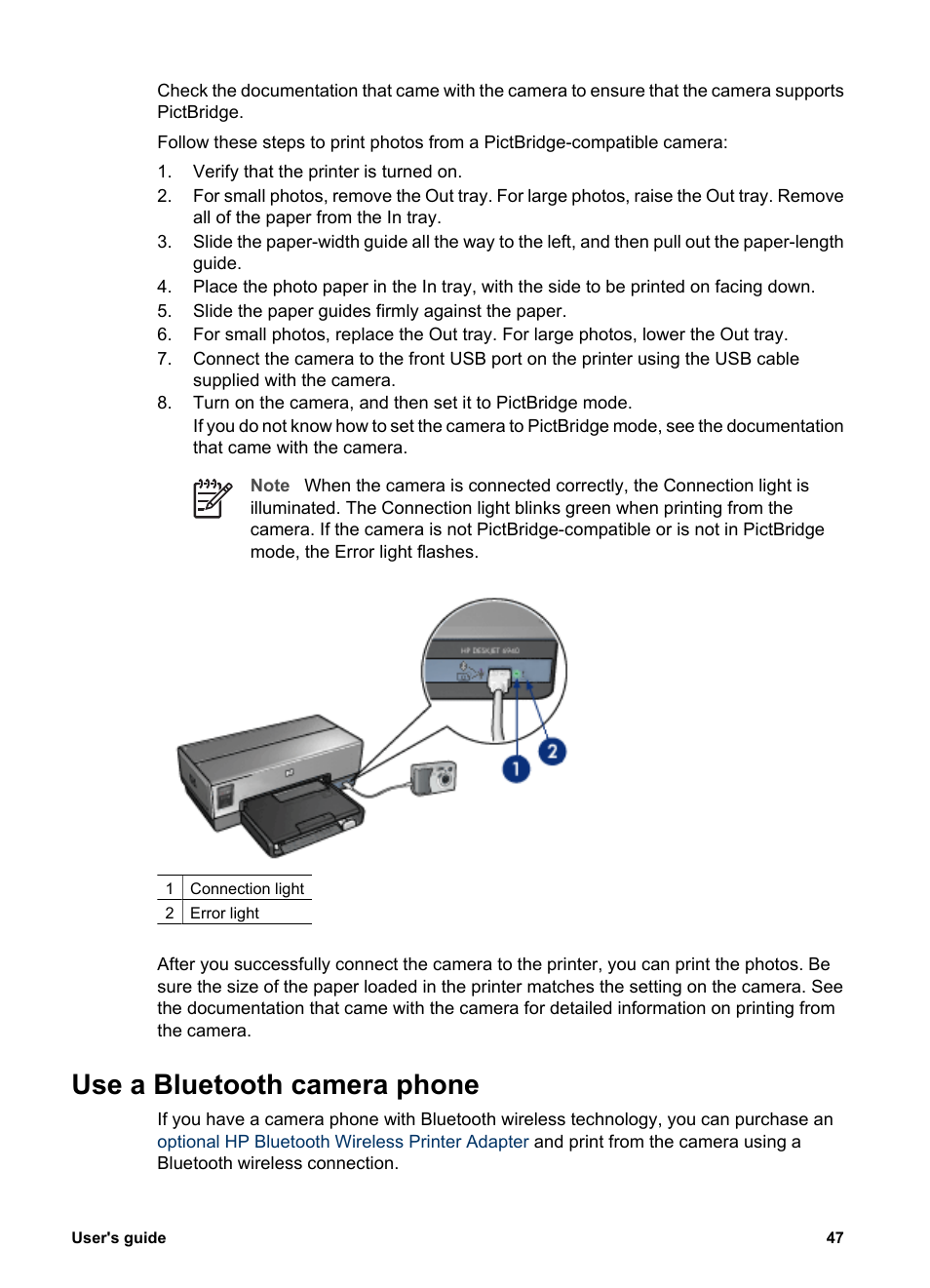 Use a bluetooth camera phone, Hp bluetooth wireless printer adapter | HP Deskjet 6943 Printer User Manual | Page 49 / 132