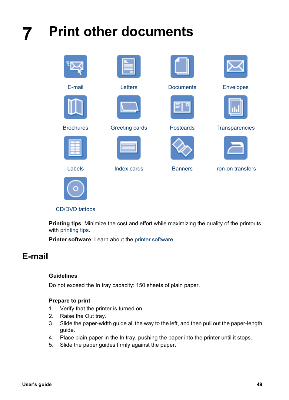 Print other documents, E-mail, Print other documents e-mail | HP Deskjet 6943 Printer User Manual | Page 51 / 132