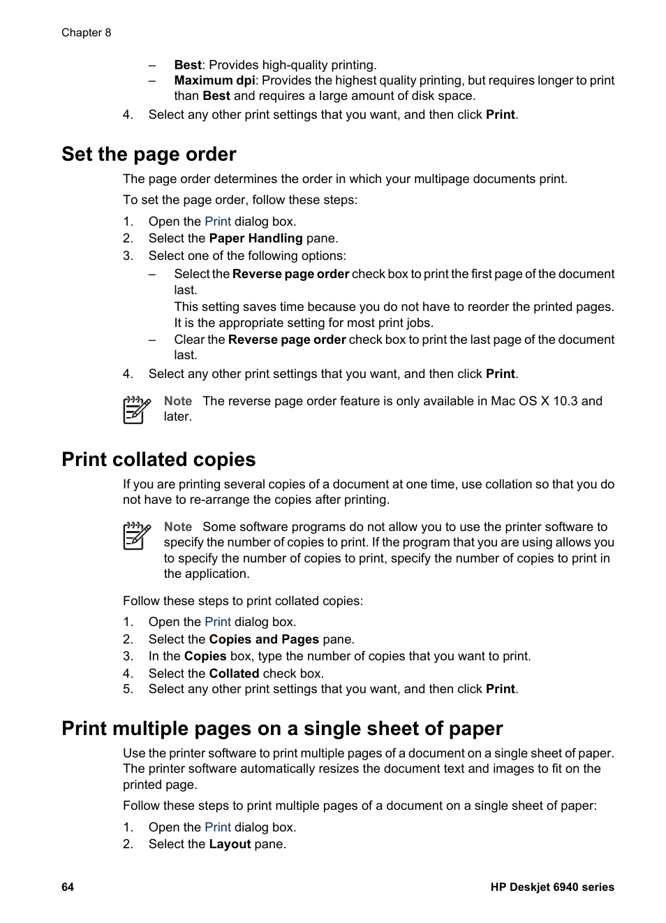 Print collated copies, Set the, Order | Print, Collated copies, Set the page order, Print multiple pages on a single sheet of paper | HP Deskjet 6943 Printer User Manual | Page 66 / 132