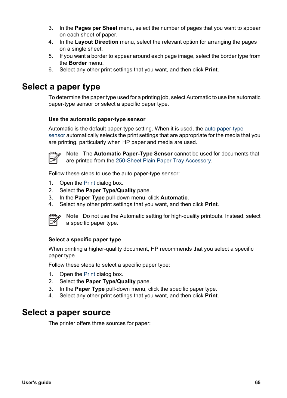 Select a paper type, Select a paper source, Select a paper type select a paper source | Select a paper, Type, Paper type | HP Deskjet 6943 Printer User Manual | Page 67 / 132