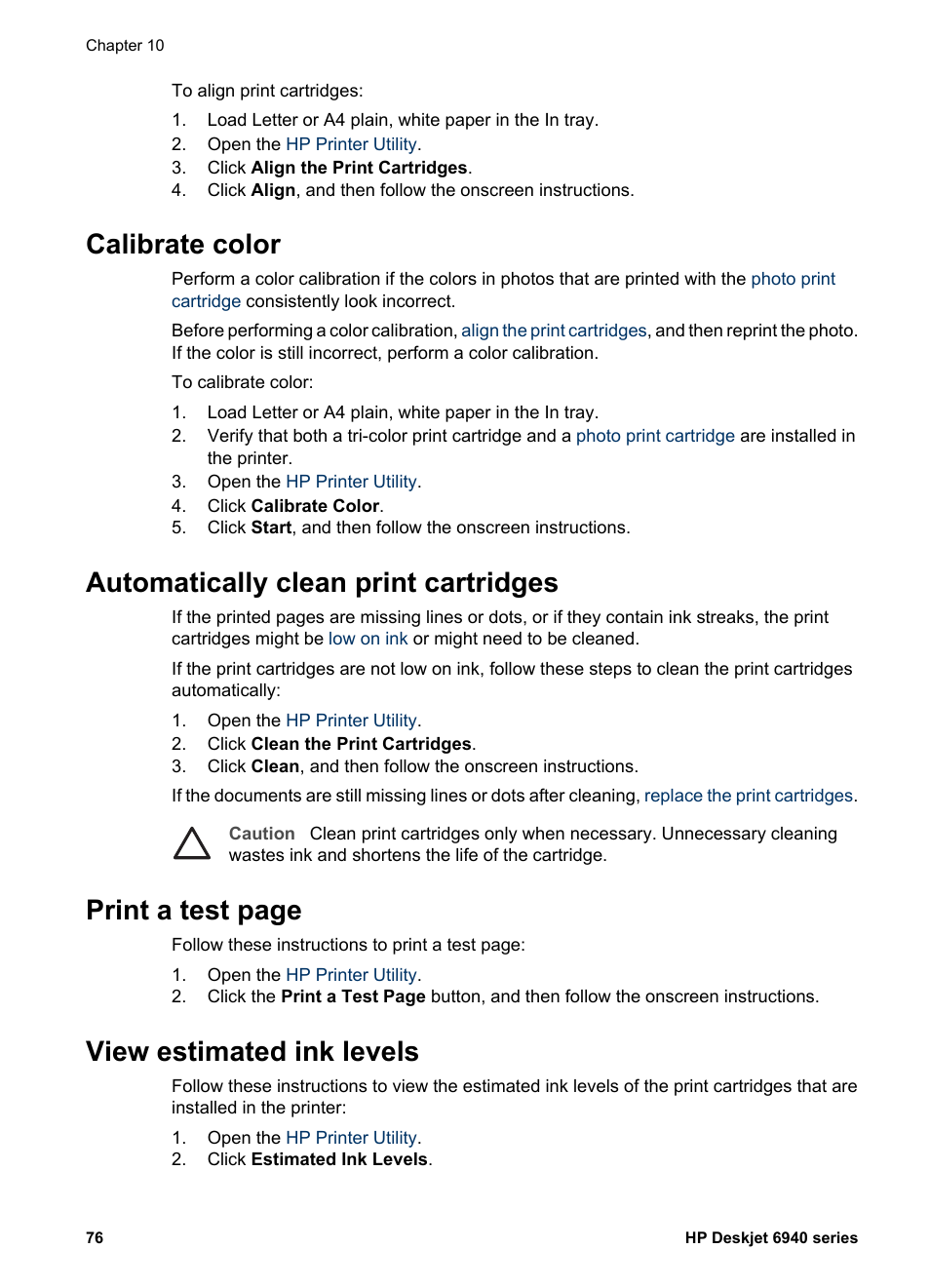 Calibrate color, Automatically clean print cartridges, View estimated ink levels | Print a test page | HP Deskjet 6943 Printer User Manual | Page 78 / 132