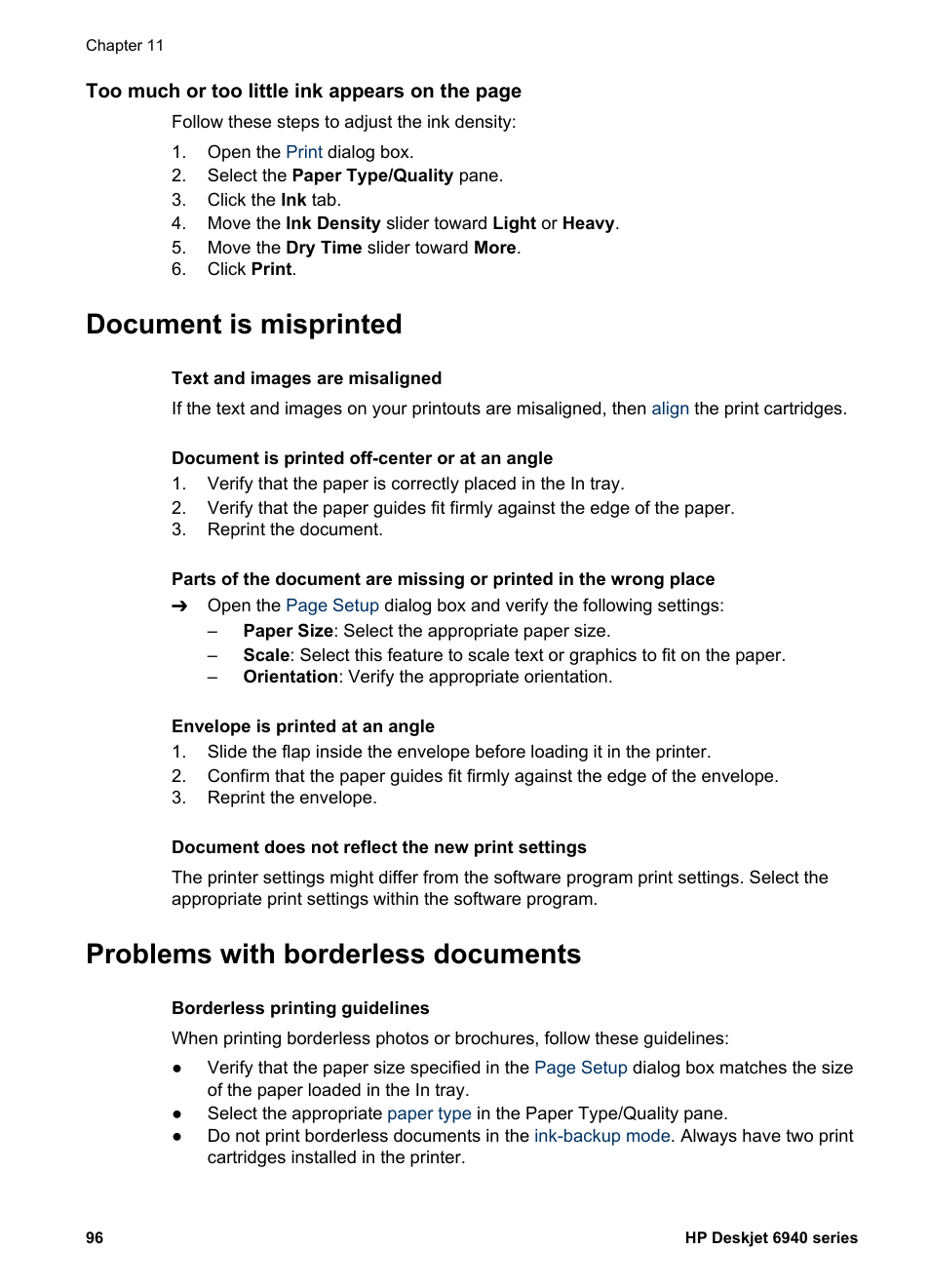 Document is misprinted, Problems with borderless documents, Follow these instructions | HP Deskjet 6943 Printer User Manual | Page 98 / 132