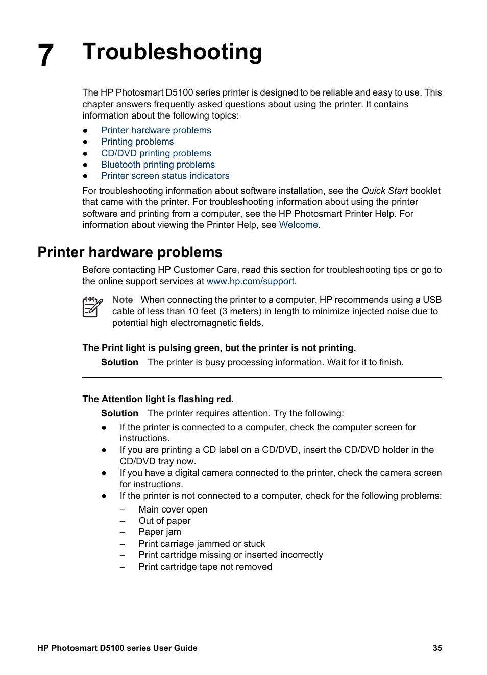 Troubleshooting, Printer hardware problems, Troubleshooting printer hardware problems | HP Photosmart D5160 Printer User Manual | Page 38 / 59