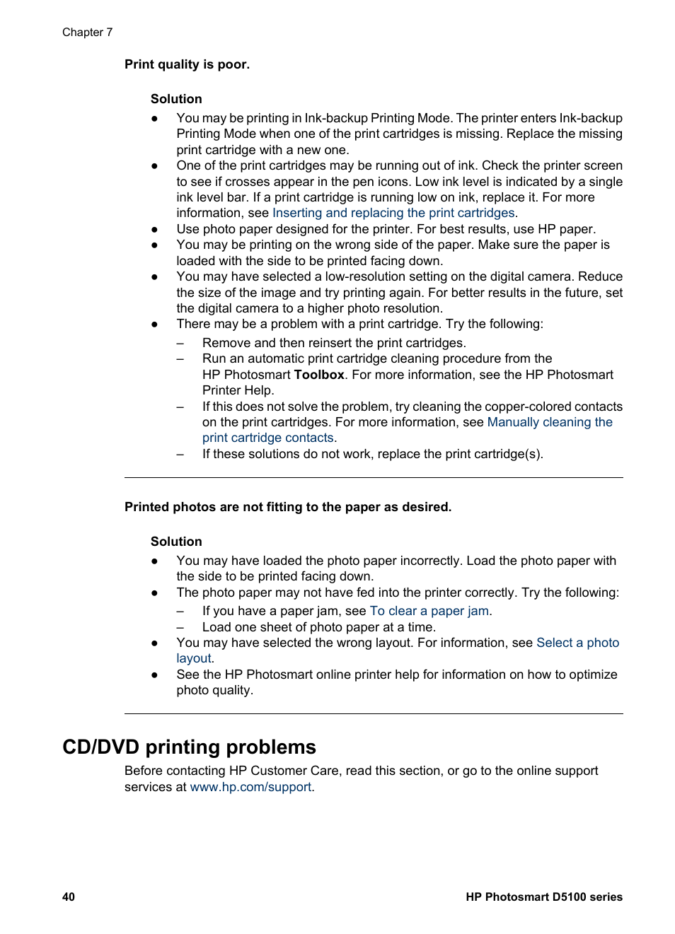 Cd/dvd printing problems | HP Photosmart D5160 Printer User Manual | Page 43 / 59