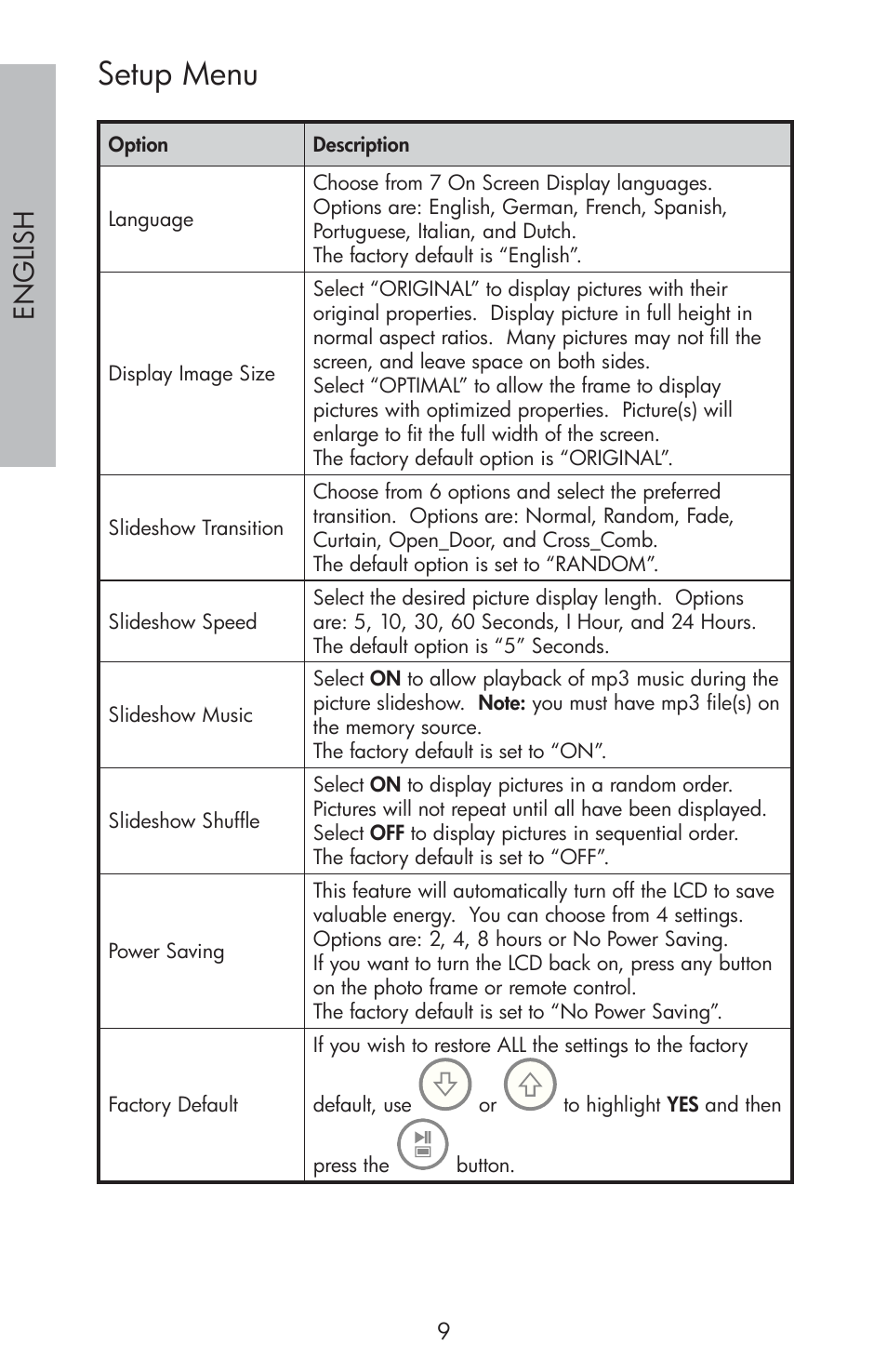 Setup menu, Engli sh | HP df810 Digital Picture Frame User Manual | Page 10 / 96
