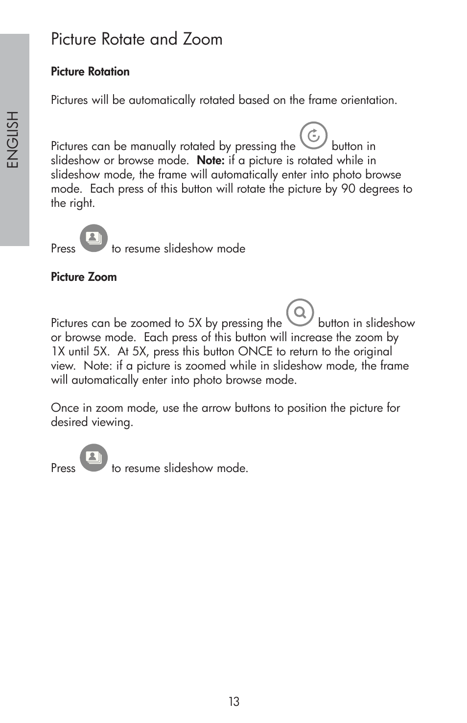 Picture rotate and zoom | HP df810 Digital Picture Frame User Manual | Page 14 / 96