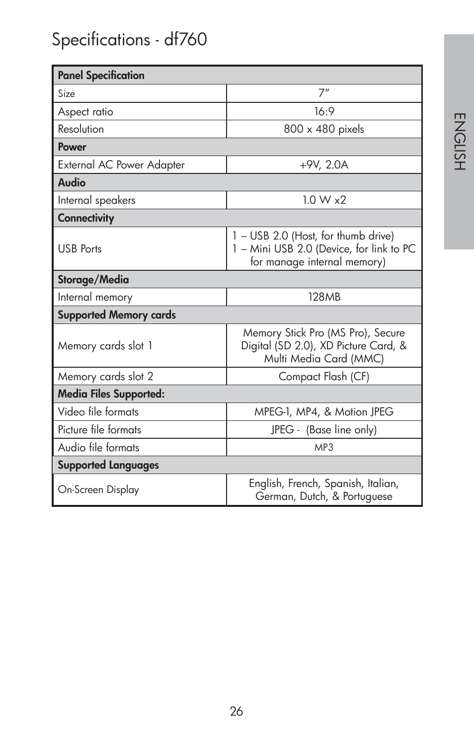 Specifications - df760, Engli sh | HP df810 Digital Picture Frame User Manual | Page 27 / 96