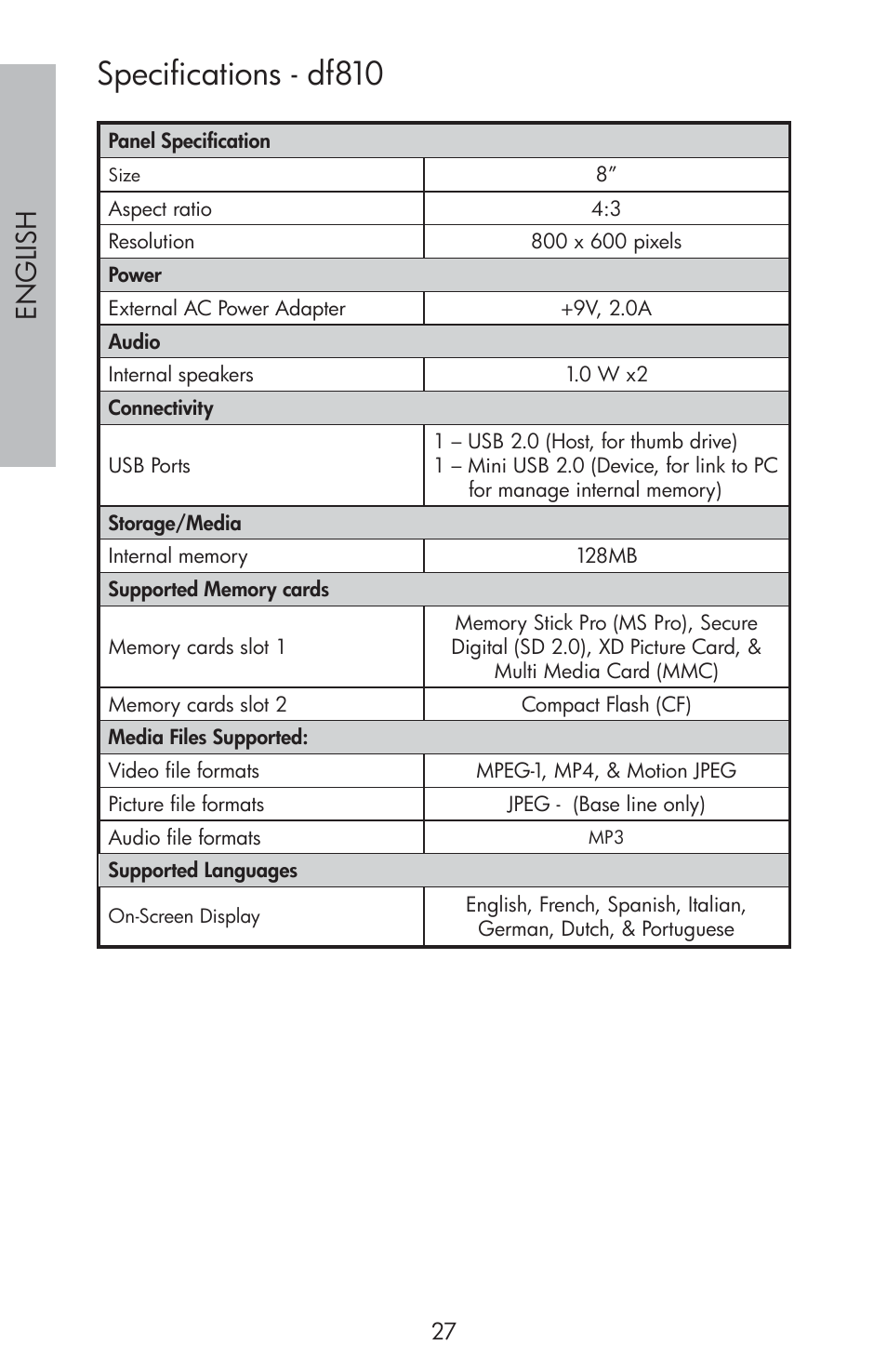 Specifications - df810, Engli sh | HP df810 Digital Picture Frame User Manual | Page 28 / 96
