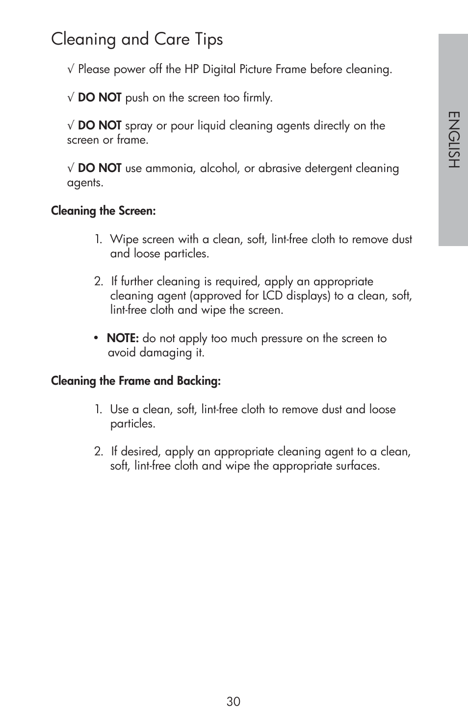 Cleaning and care tips | HP df810 Digital Picture Frame User Manual | Page 31 / 96