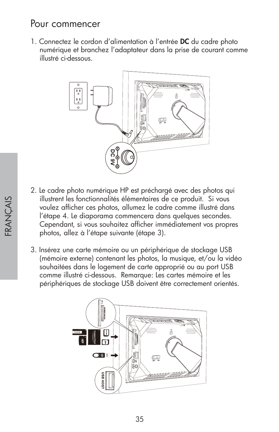 Pour commencer | HP df810 Digital Picture Frame User Manual | Page 36 / 96