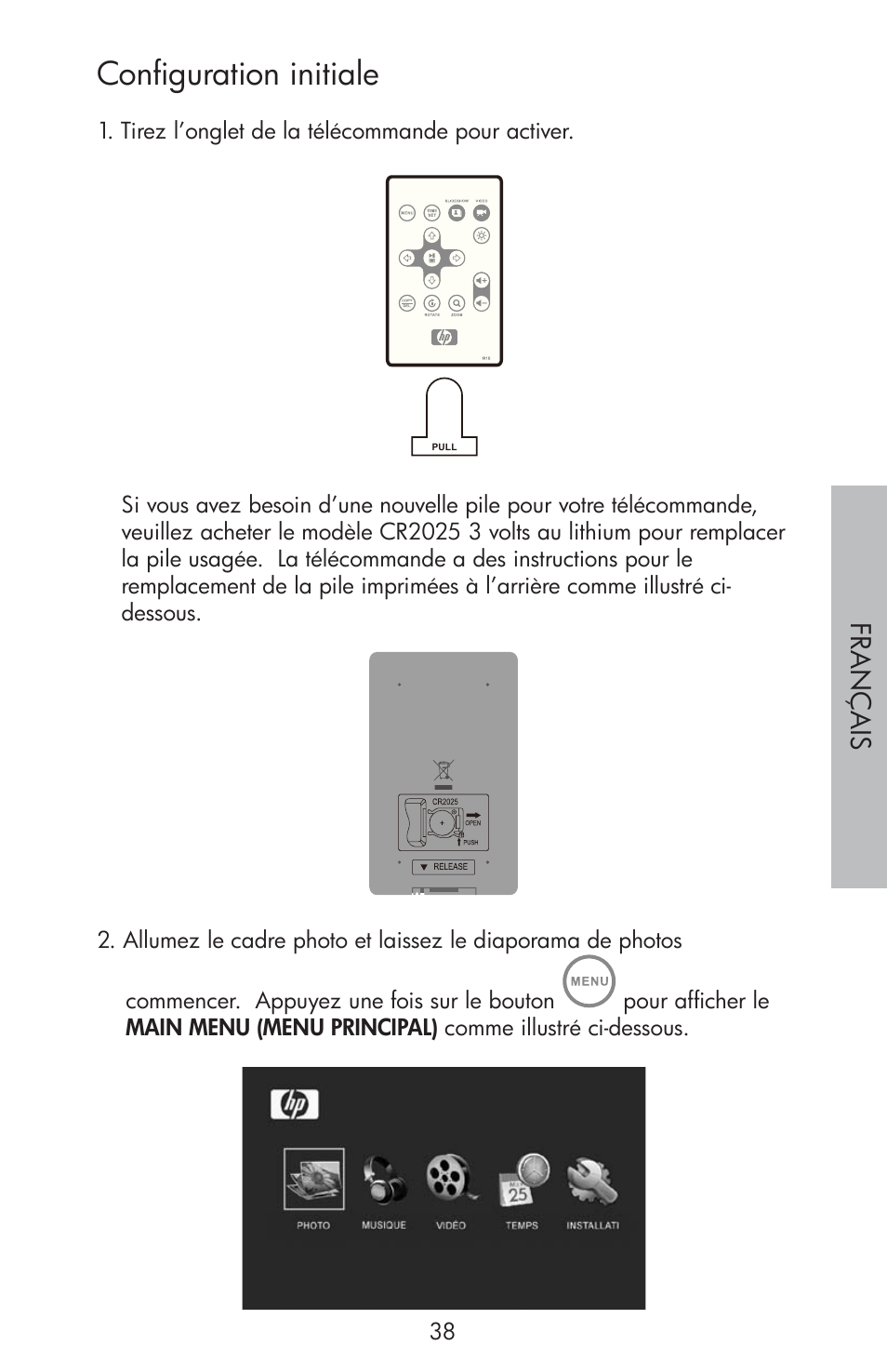 Configuration initiale | HP df810 Digital Picture Frame User Manual | Page 39 / 96