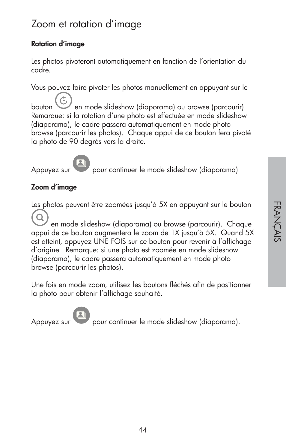 Zoom et rotation d’image | HP df810 Digital Picture Frame User Manual | Page 45 / 96