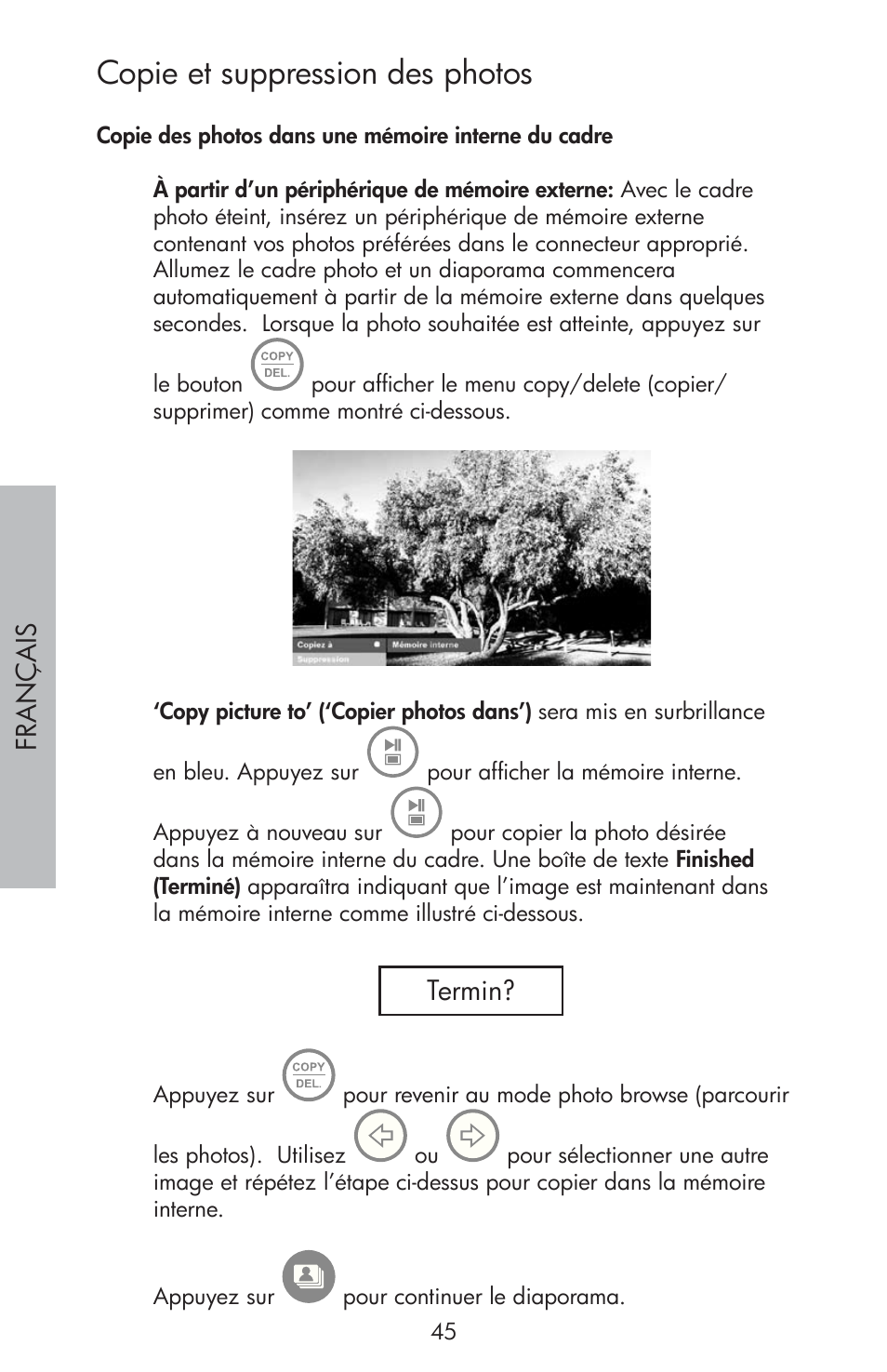 Copie et suppression des photos | HP df810 Digital Picture Frame User Manual | Page 46 / 96