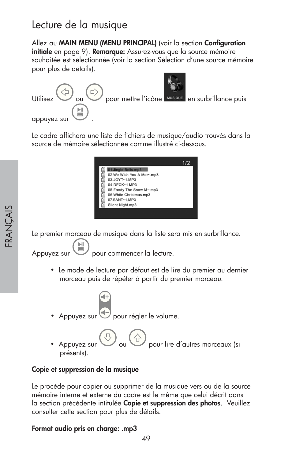 Lecture de la musique, Fr a nç a is | HP df810 Digital Picture Frame User Manual | Page 50 / 96