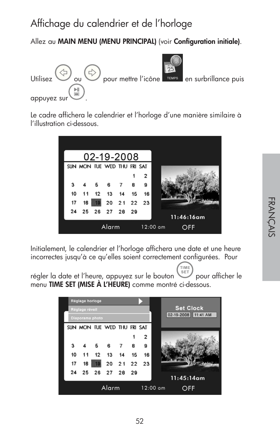 Affichage du calendrier et de l’horloge | HP df810 Digital Picture Frame User Manual | Page 53 / 96