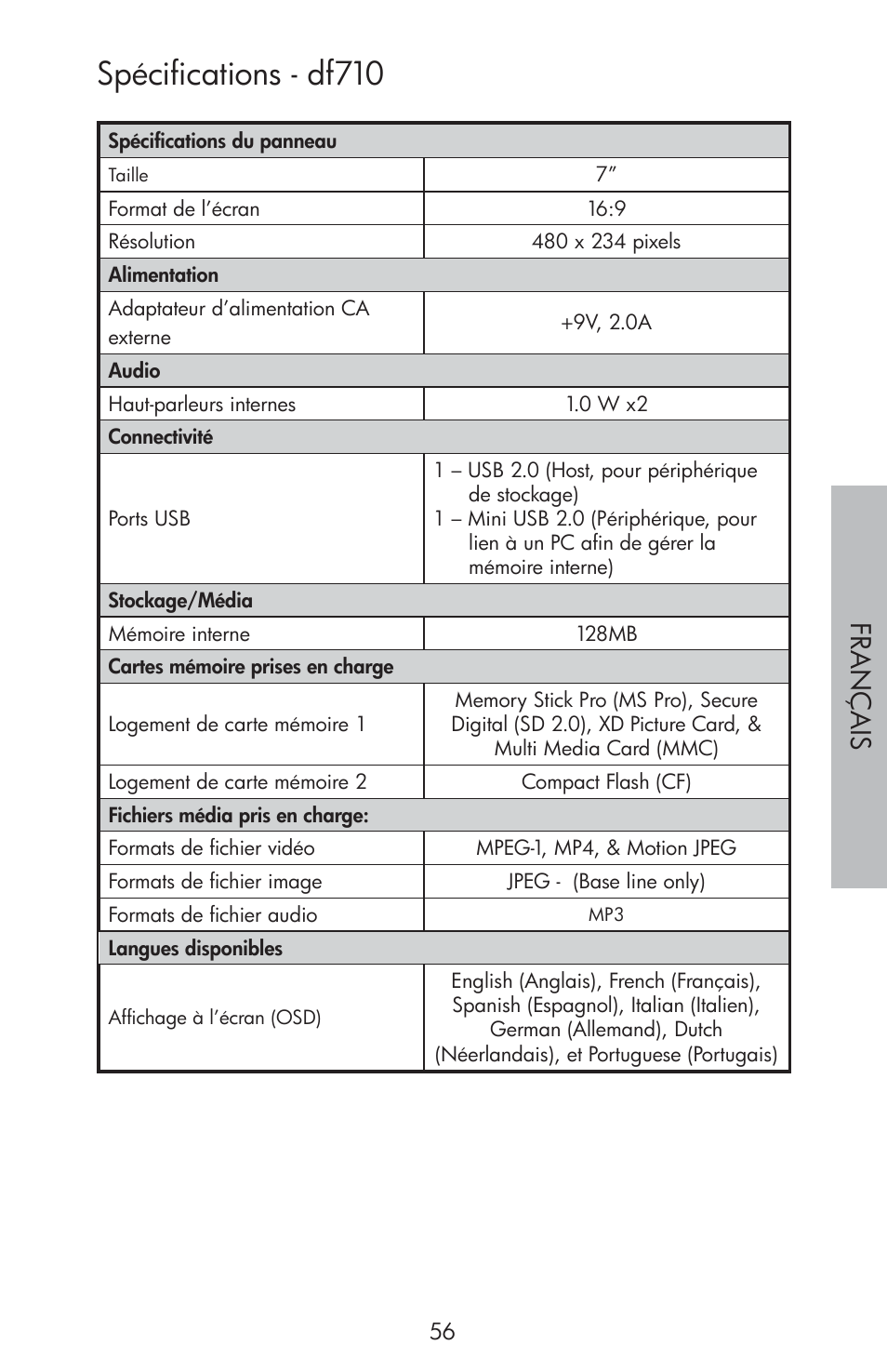 Spécifications - df710, Fr a nç a is | HP df810 Digital Picture Frame User Manual | Page 57 / 96