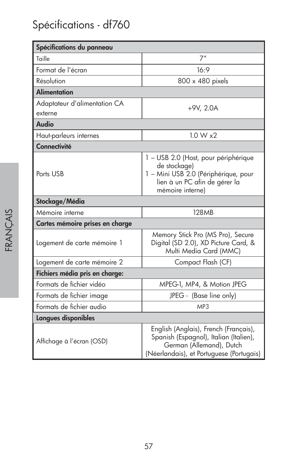 Spécifications - df760, Fr a nç a is | HP df810 Digital Picture Frame User Manual | Page 58 / 96