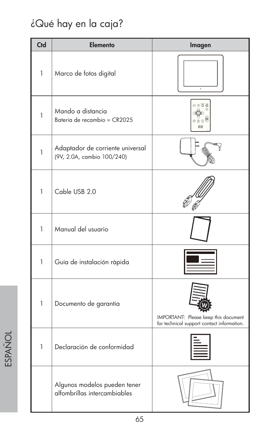 Qué hay en la caja, Esp año l | HP df810 Digital Picture Frame User Manual | Page 66 / 96