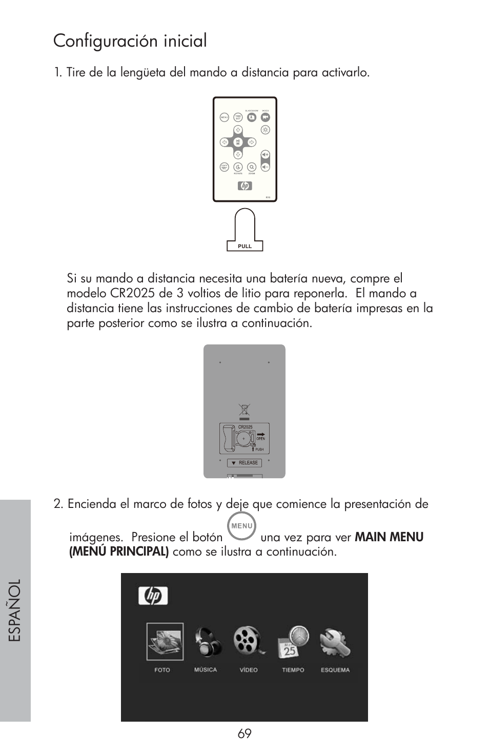 Configuración inicial, Esp año l | HP df810 Digital Picture Frame User Manual | Page 70 / 96