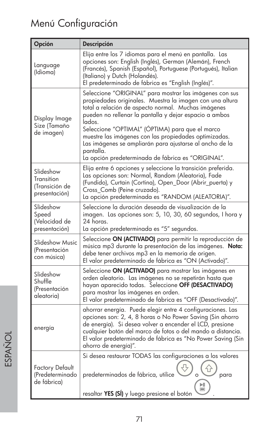 Menú configuración, Esp año l | HP df810 Digital Picture Frame User Manual | Page 72 / 96