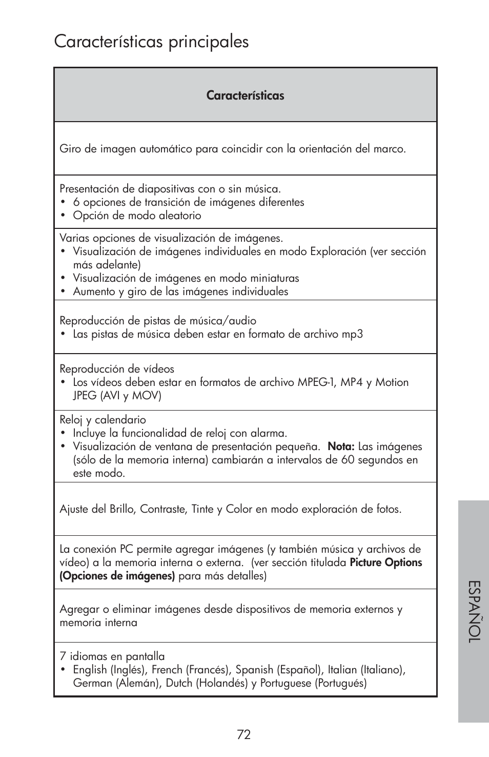 Características principales, Esp año l | HP df810 Digital Picture Frame User Manual | Page 73 / 96