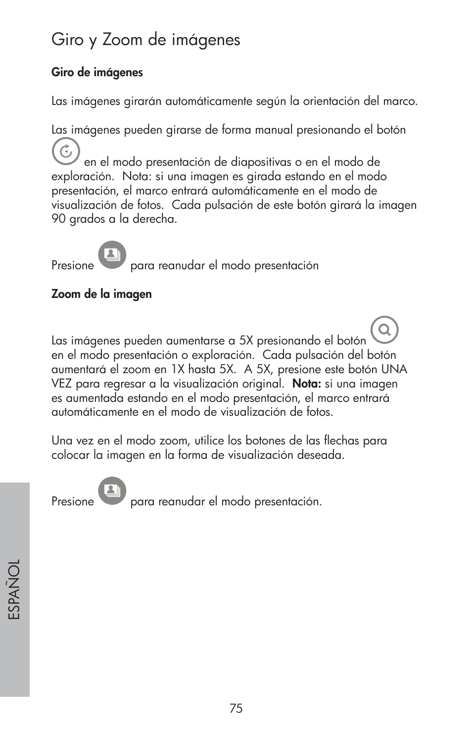 Giro y zoom de imágenes | HP df810 Digital Picture Frame User Manual | Page 76 / 96