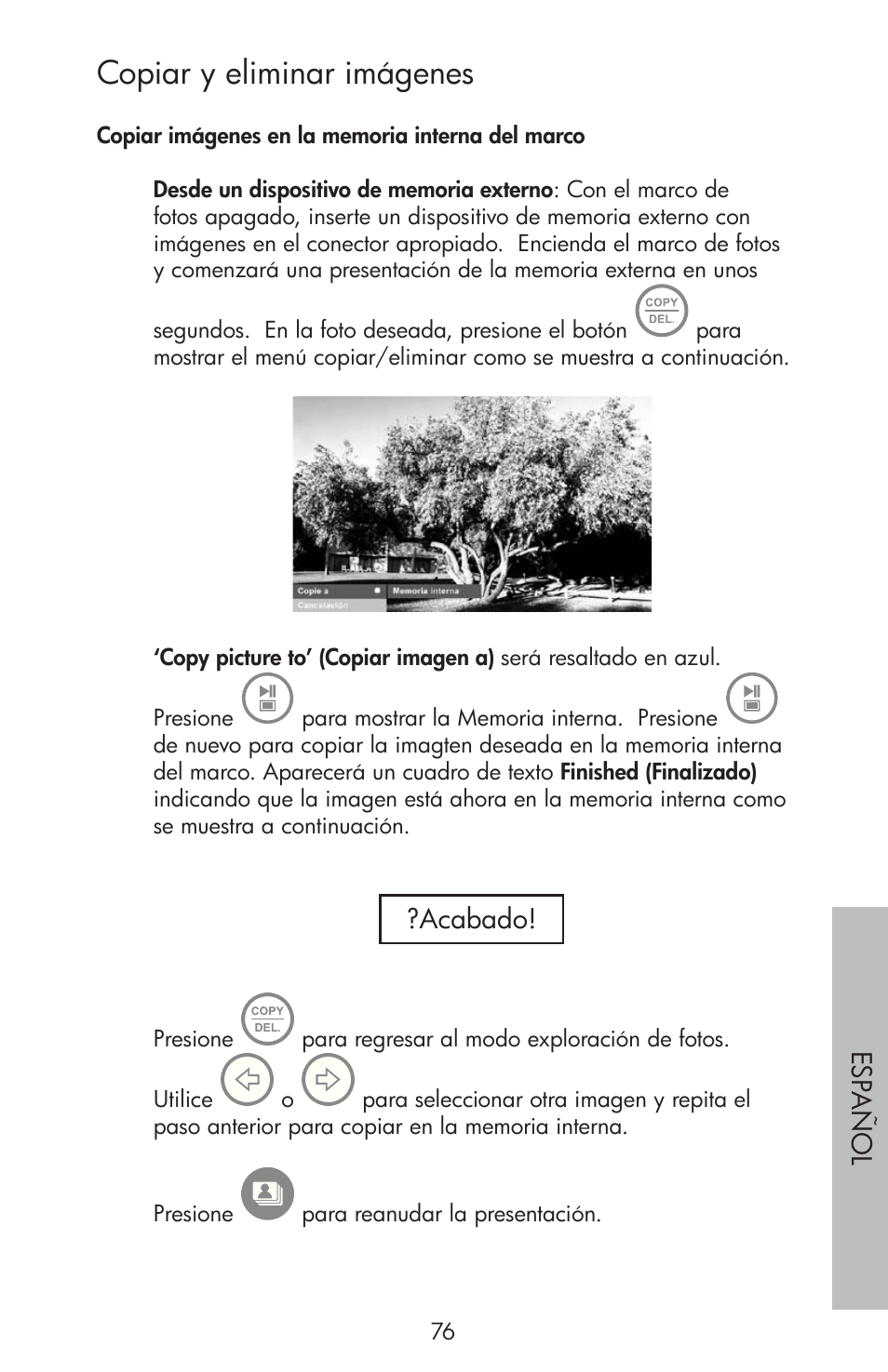 Copiar y eliminar imágenes | HP df810 Digital Picture Frame User Manual | Page 77 / 96