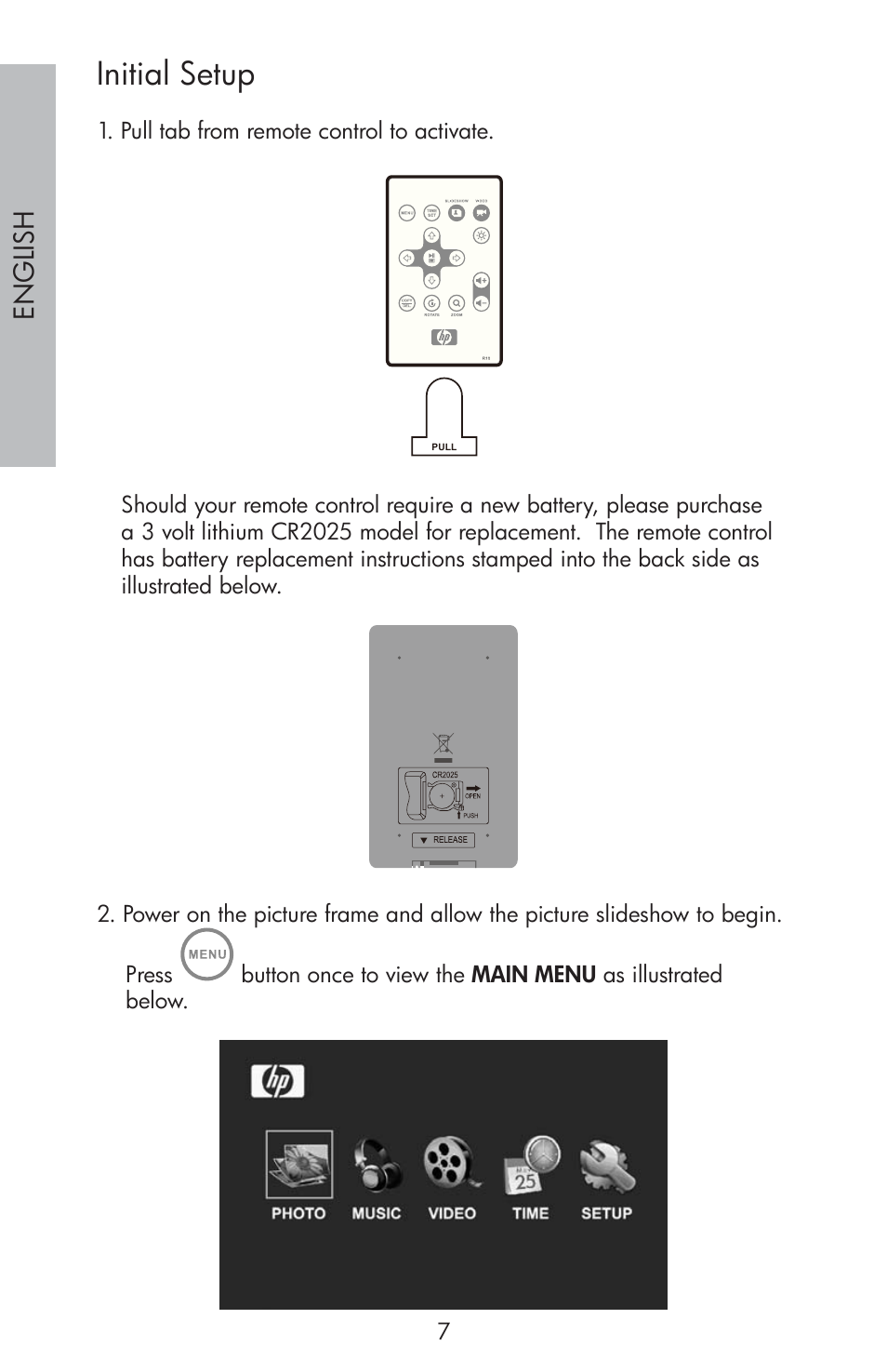 Initial setup, Engli sh | HP df810 Digital Picture Frame User Manual | Page 8 / 96