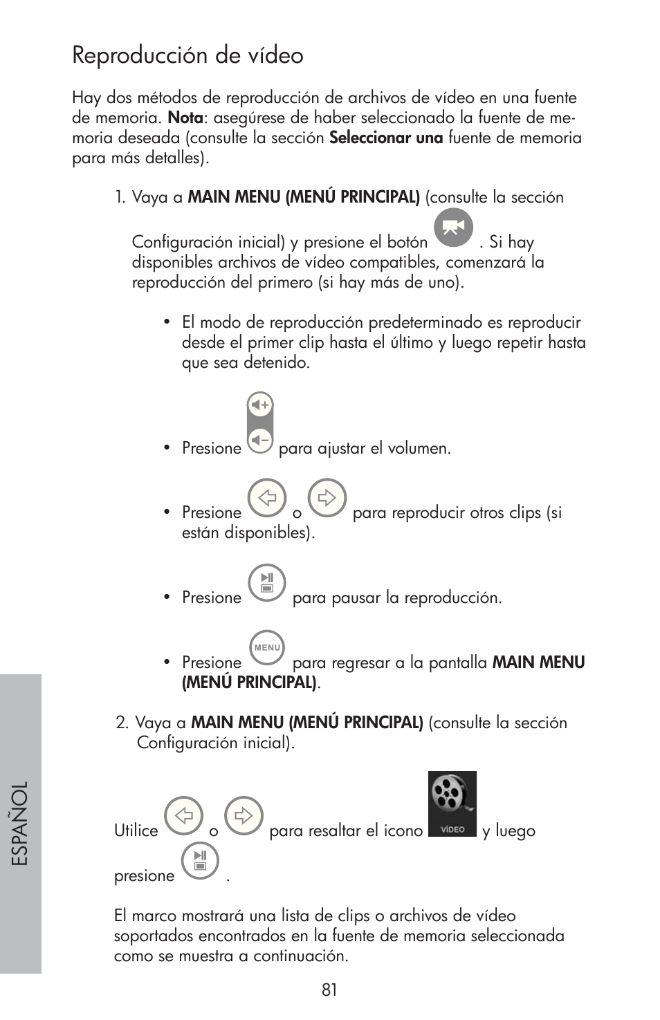 Reproducción de vídeo, Esp año l | HP df810 Digital Picture Frame User Manual | Page 82 / 96