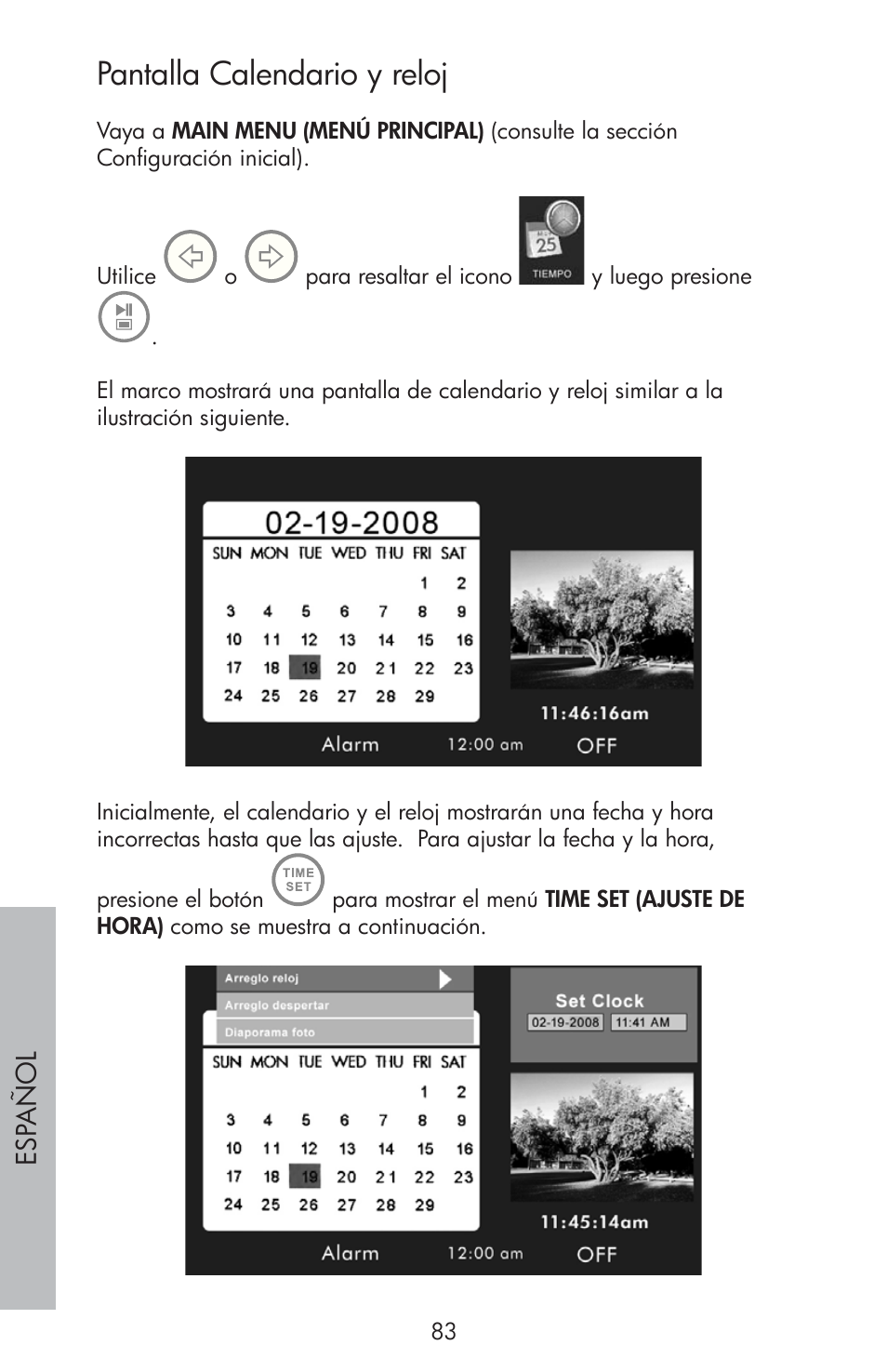 Pantalla calendario y reloj | HP df810 Digital Picture Frame User Manual | Page 84 / 96