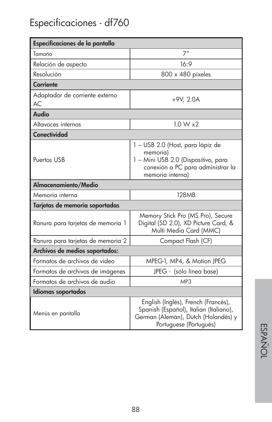 Especificaciones - df760, Esp año l | HP df810 Digital Picture Frame User Manual | Page 89 / 96