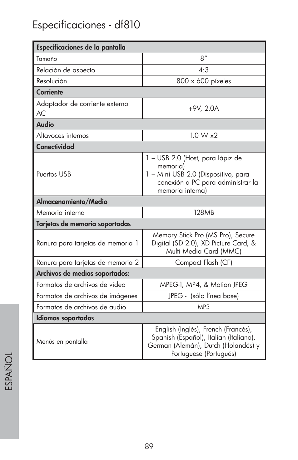 Especificaciones - df810, Esp año l | HP df810 Digital Picture Frame User Manual | Page 90 / 96