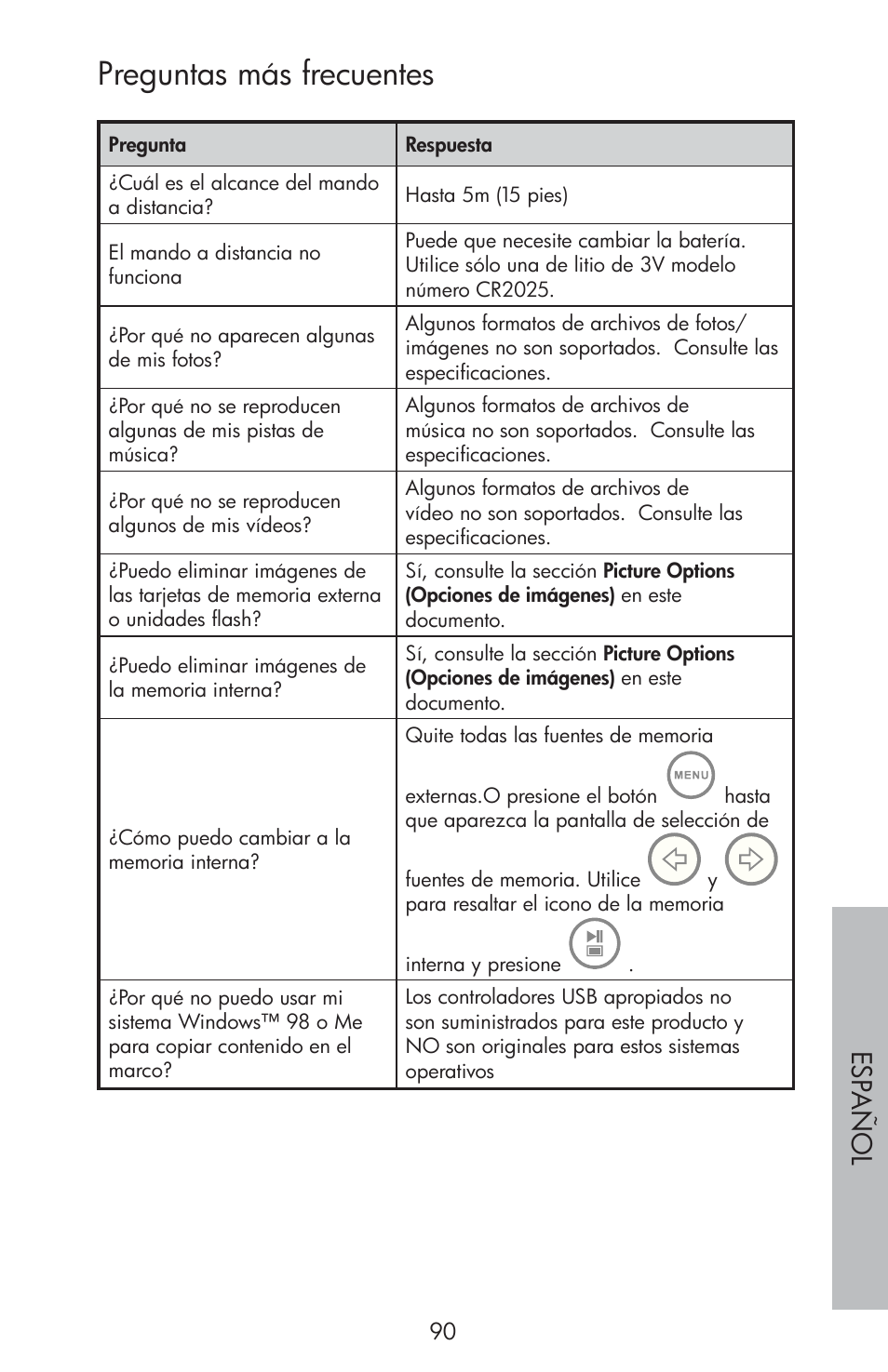 Preguntas más frecuentes, Esp año l | HP df810 Digital Picture Frame User Manual | Page 91 / 96