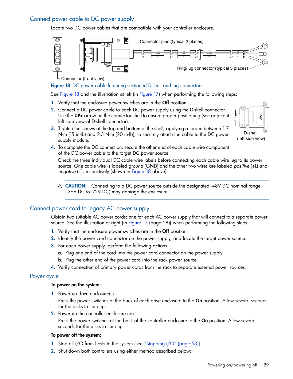 Connect power cable to dc power supply, Connect power cord to legacy ac power supply, Power cycle | HP MSA 2040 SAN Storage User Manual | Page 29 / 94